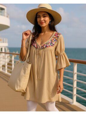 Va Va by Joy Han Boho Tunic Dress Bell Sleeves Embroidery Lined Size XS